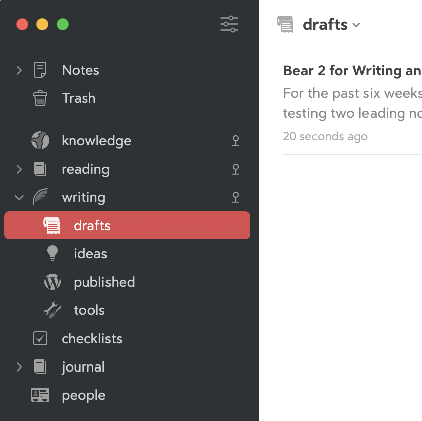 Screenshot of the notes sidebar of the Bear 2 app.
